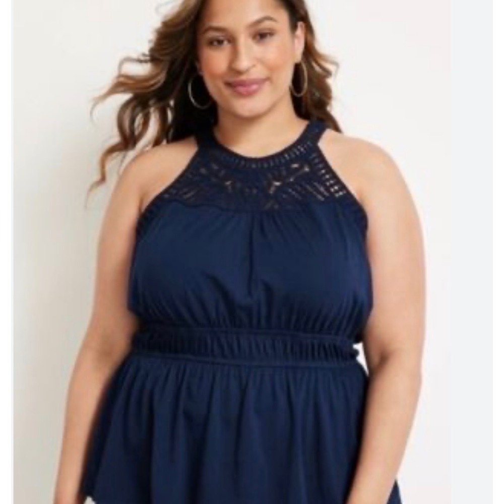 Maurices Tank Top Womens 4X Navy Blue Crochet Neck Halter Boho Peplum Sleeveless